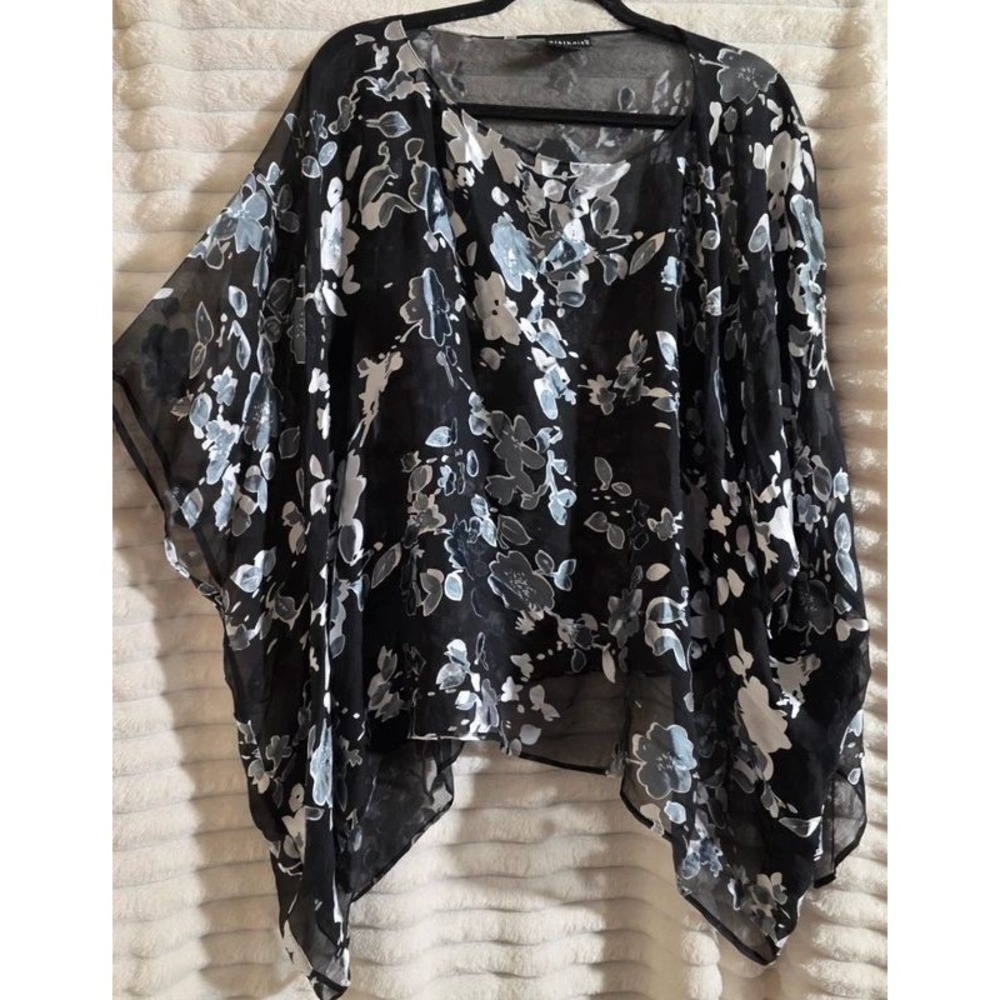 Citiknits Womens Silk Blend Floral Burnout Poncho Top Black Grey Sheer Size M